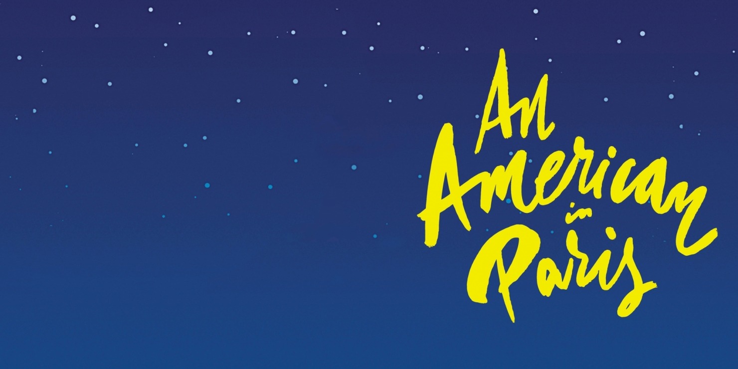 "An American in Paris" written in yellow in front of a blue, starry background.