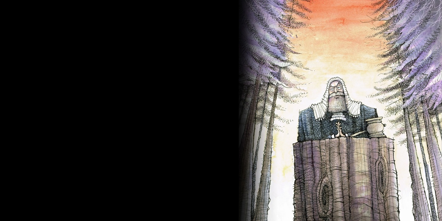 Cartoon image of a man in a white wig and black robe at a wooden podium and mallet in front of an orange background.