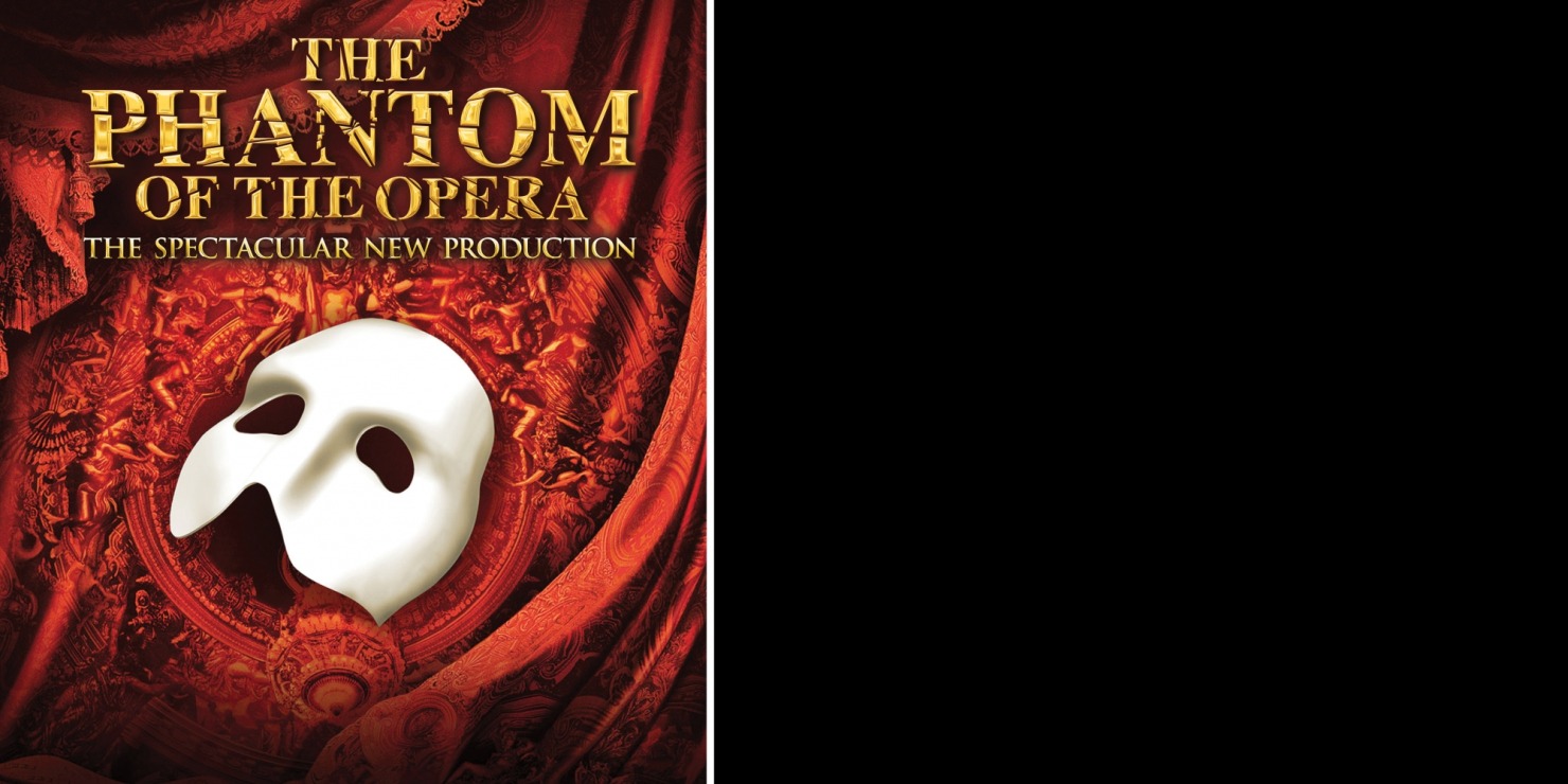 White Phantom of the Opera mask in front of a red and gold fabric background. The Phantom of the Opera - The Spectacular New Production is written by the mask in gold.