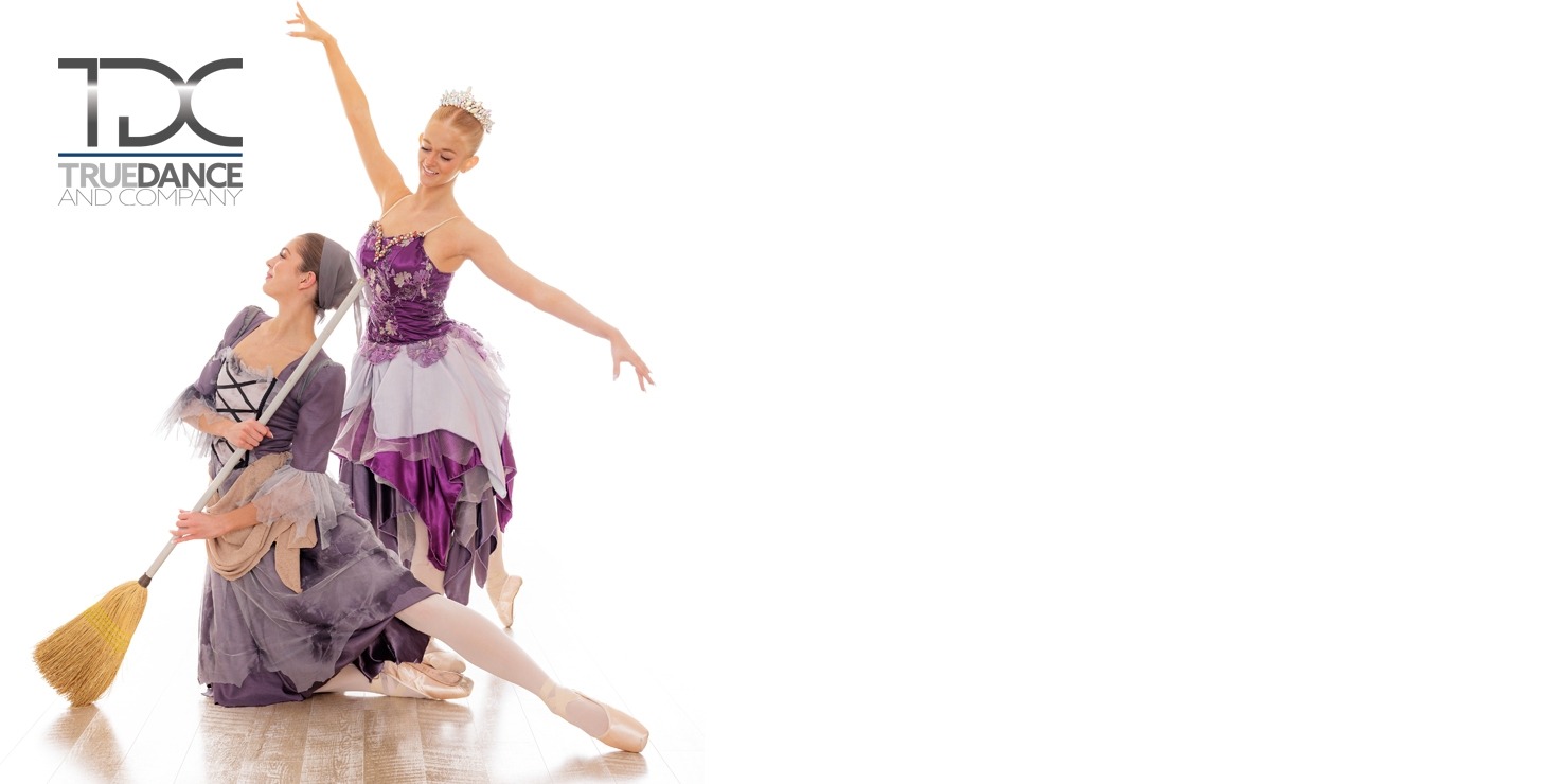 A girl in a grey costume sweeping the floor and another girl in a pink costume behind her in front of a white background