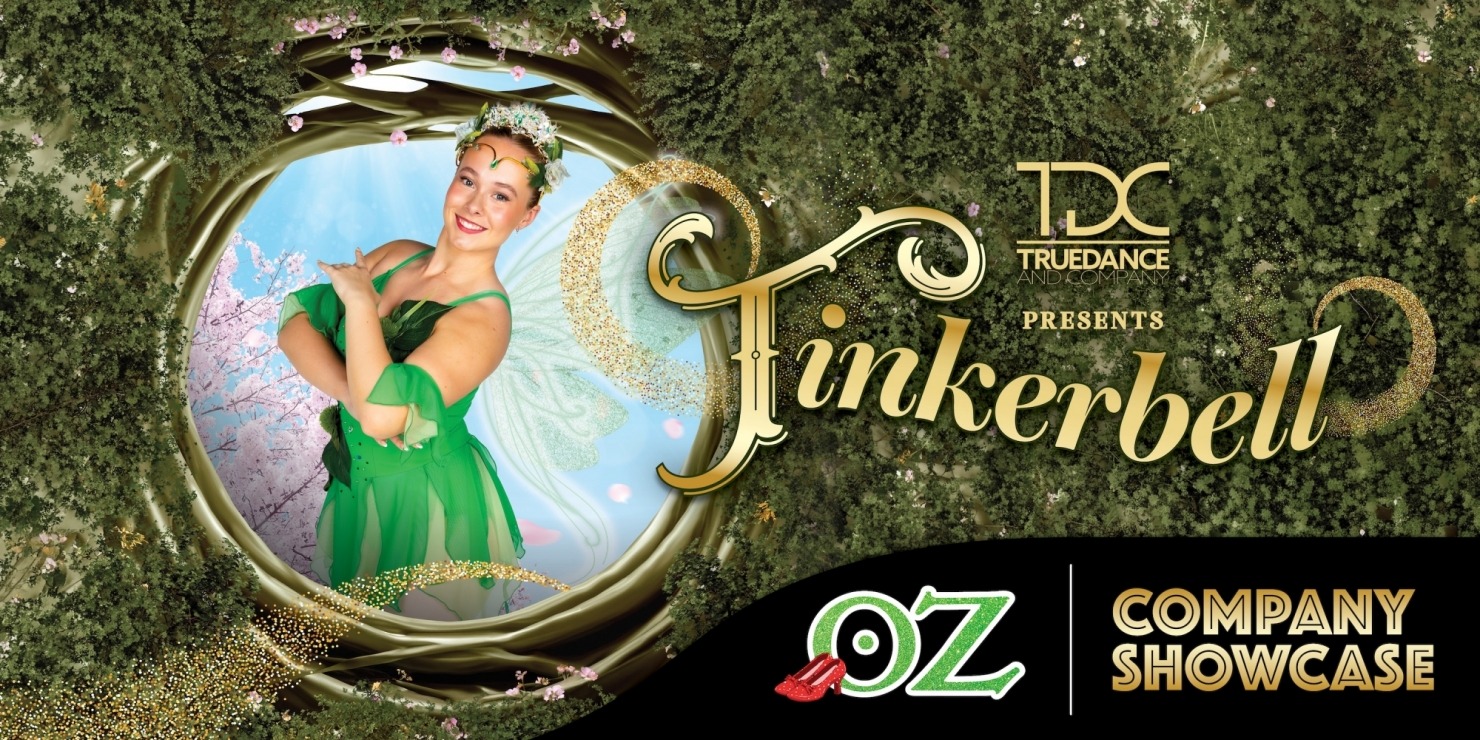 a dancer in a tinker bell outfit poses against a graphic background