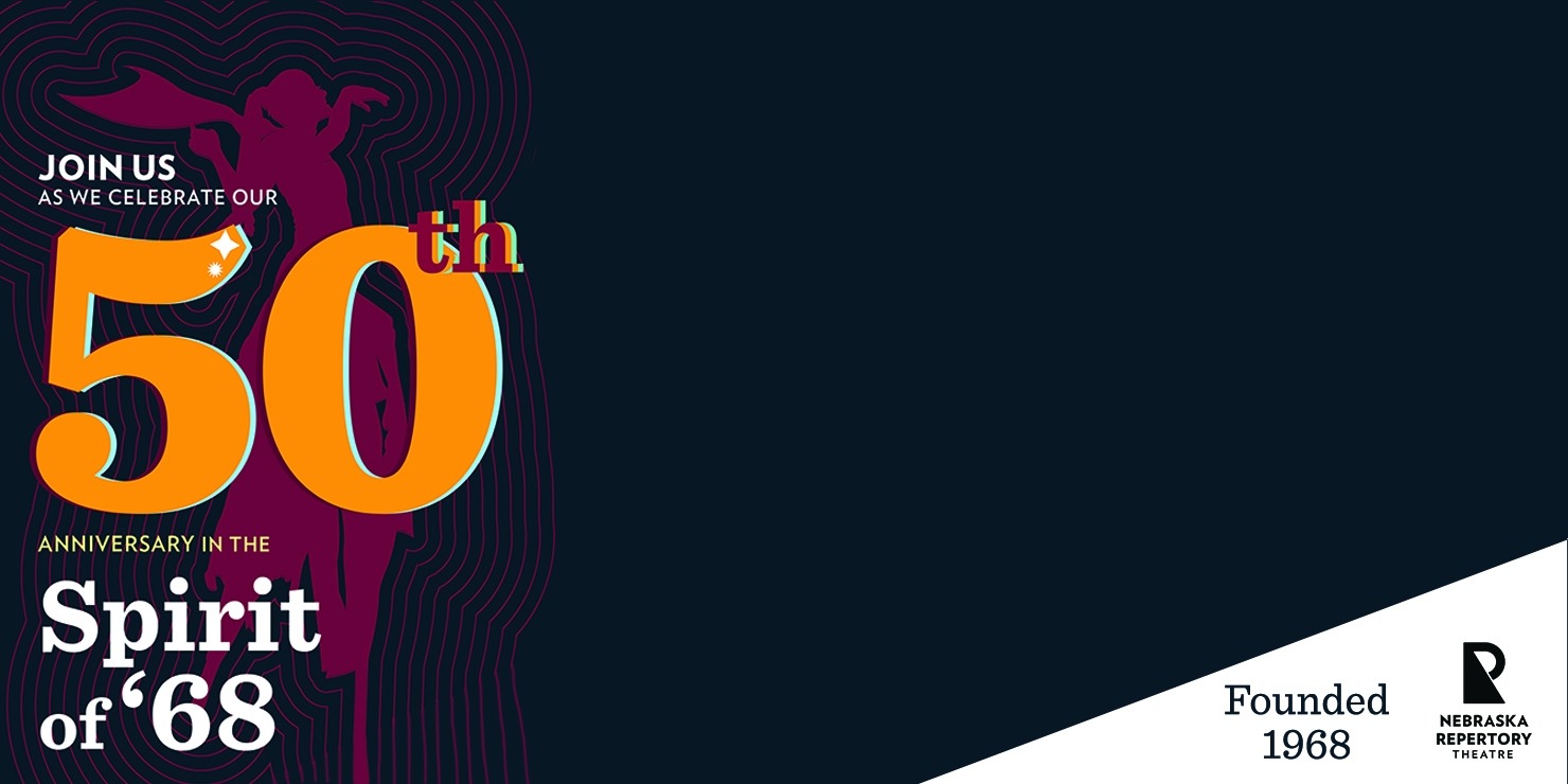 The words "50th Anniversary Spirit of '68" in orange and white in front of a purple background