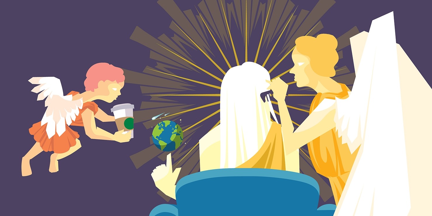 Illustration of God sitting in a blue recliner holding the earth on a fingertip while angels brush his hair and serve him coffee