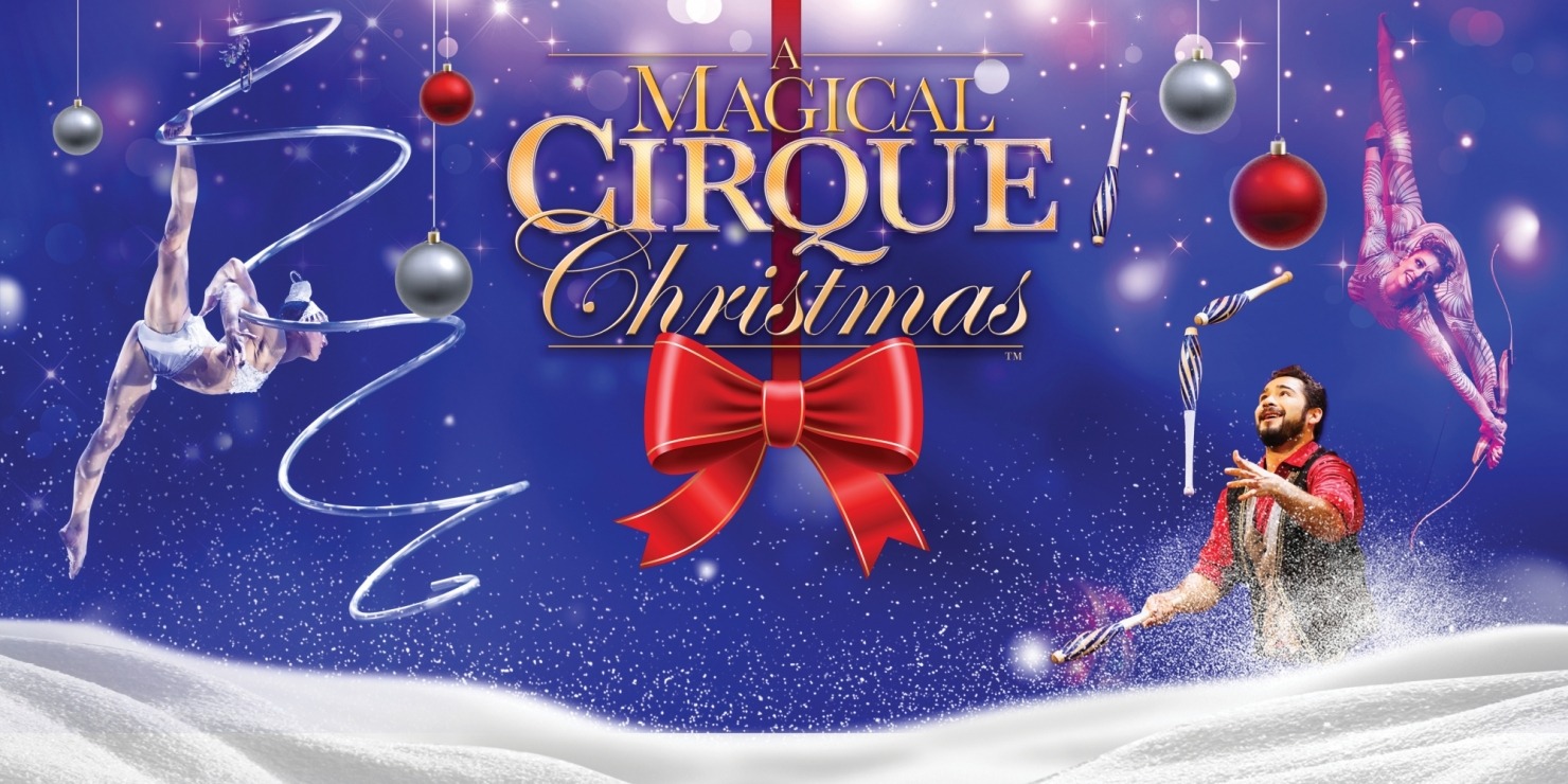 a promotional graphic for a holiday themed acrobatic variety show