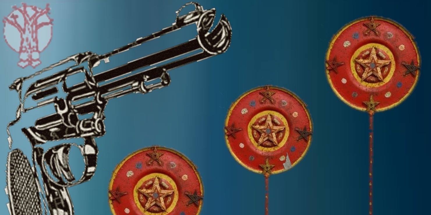 Barrel of a gun with three red targets in front of a blue background.