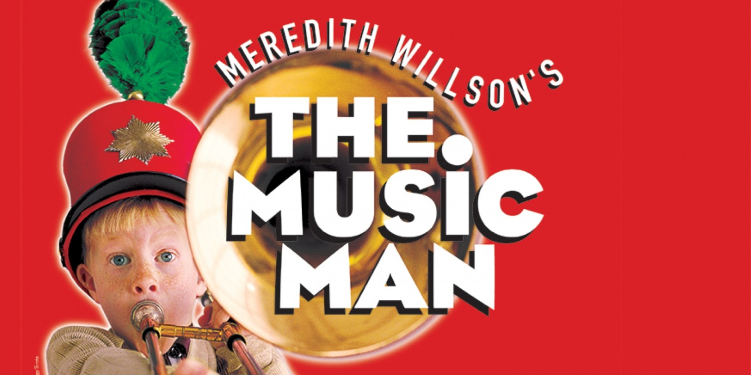boy playing a trumpet and the text "The Music Man"
