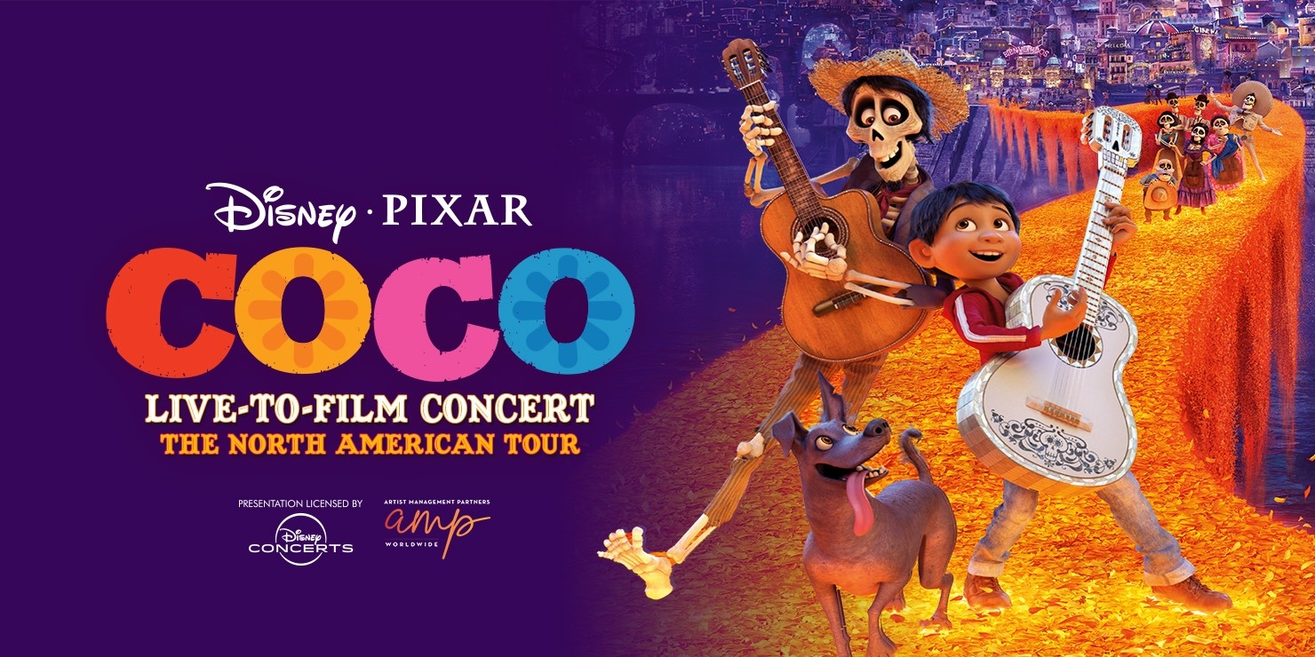 Young boy walking along a bridge playing a guitar alongside a skeleton playing the guitar and a dog walking in from of them. COCO is written to the left.