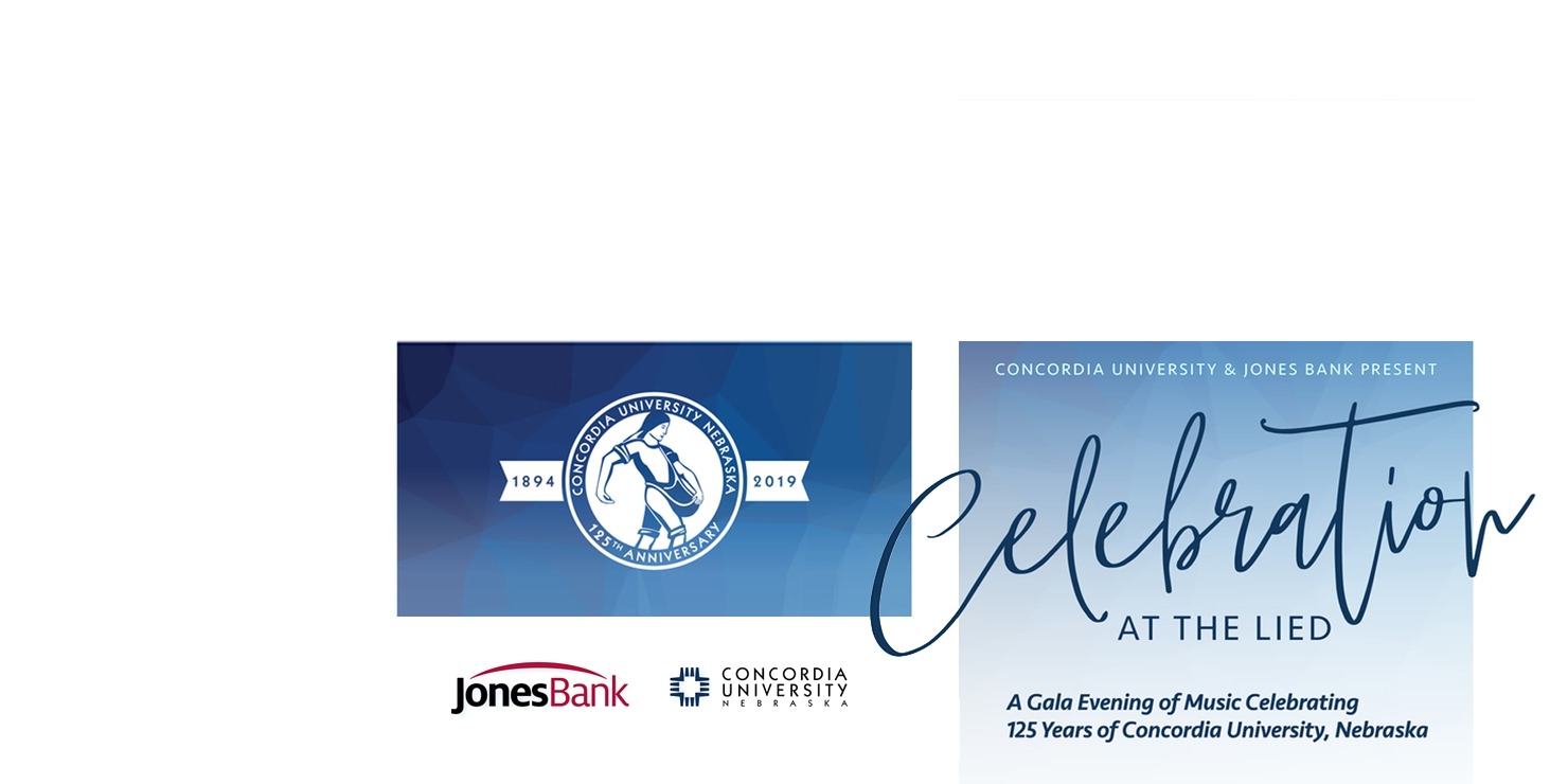 The words "Concordia University and Jones Bank proudly present 'Celebration at the Lied' in front of a blue ombre background.