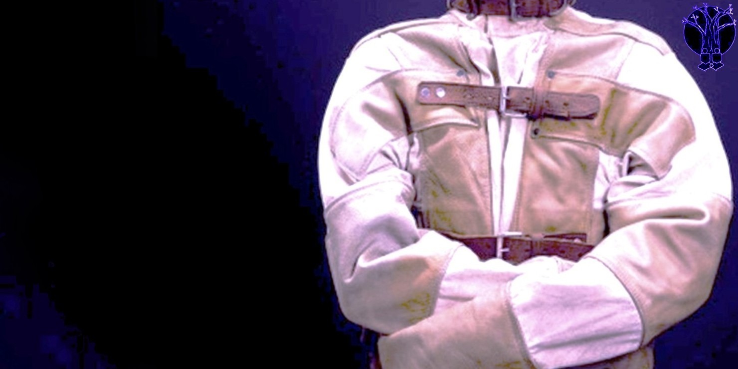 White straight jacket in front of a blue background.