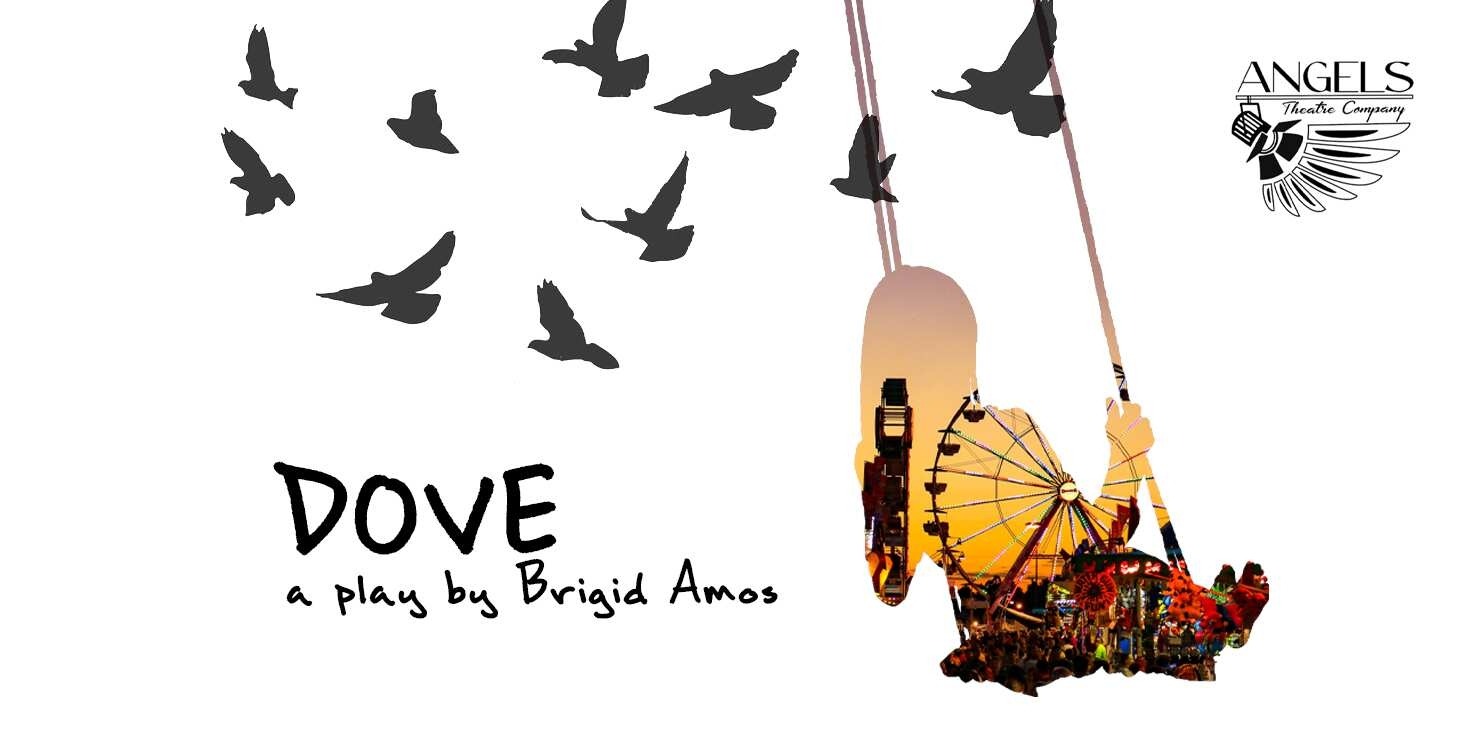 Silhouette of girl on swing surrounded by birds and a carnival