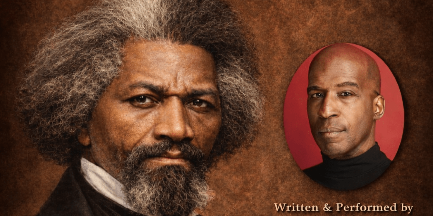 an artistic rendering of historical figure Frederick Douglass next to Darius Wallace, the man who portrays him