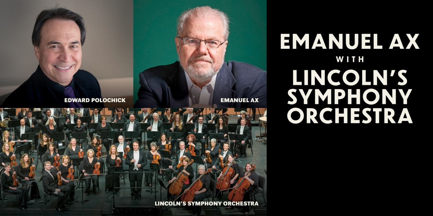 two men's headshots plus a large orchestra on stage dressed in mostly black