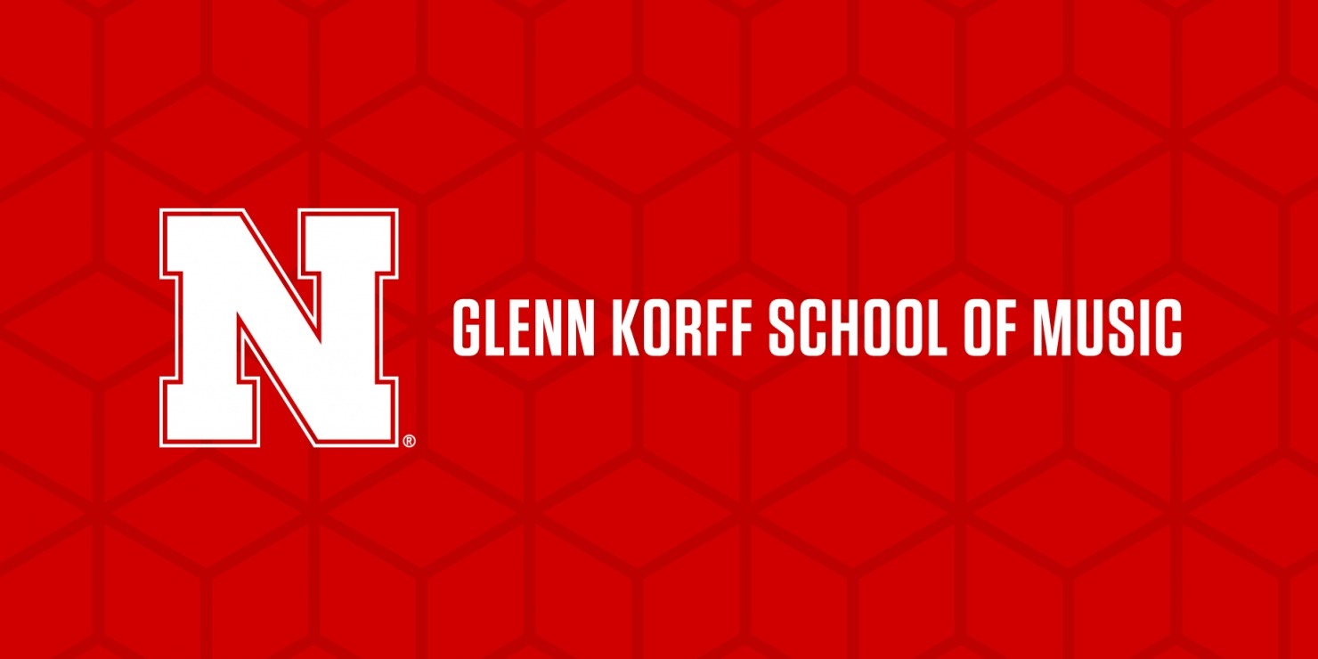 Nebraska "N" with "Glenn Korff School of Music" written next to it in white with a red background