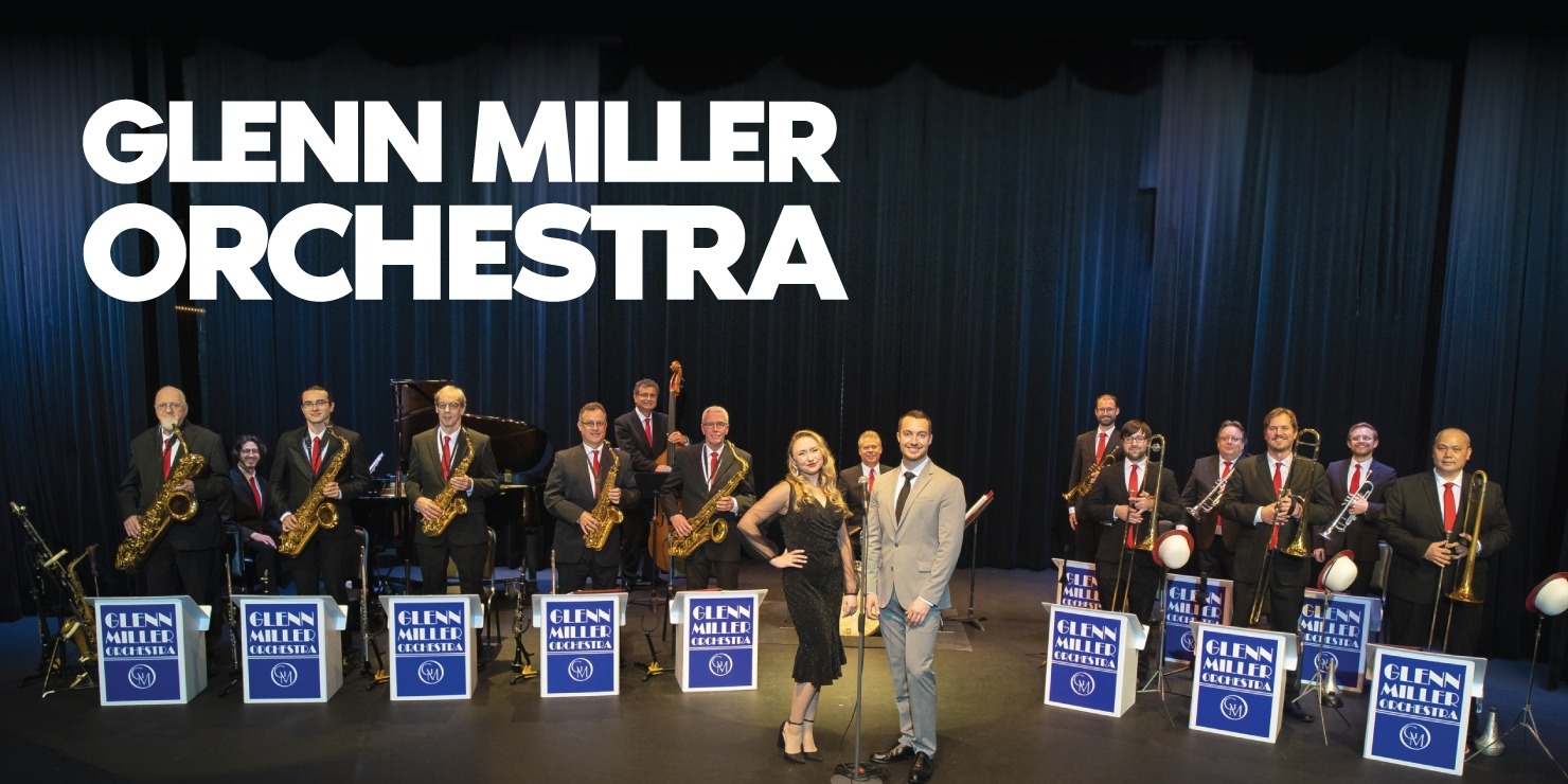 black suits and red ties with brass instruments along with a lady in a black dress and a man in a grey suit
