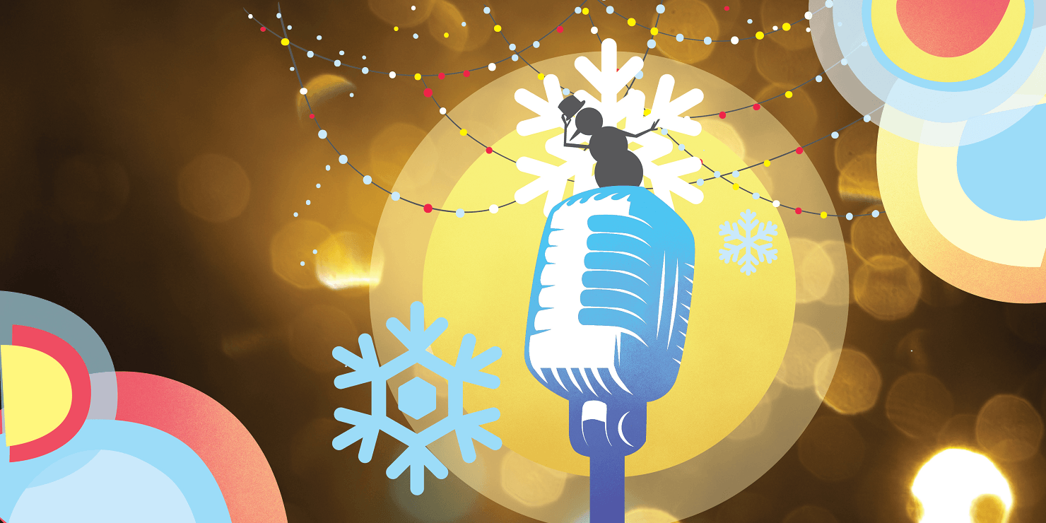 Silhouette of a snowman dancing on a microphone with a background of christmas lights and snowflakes