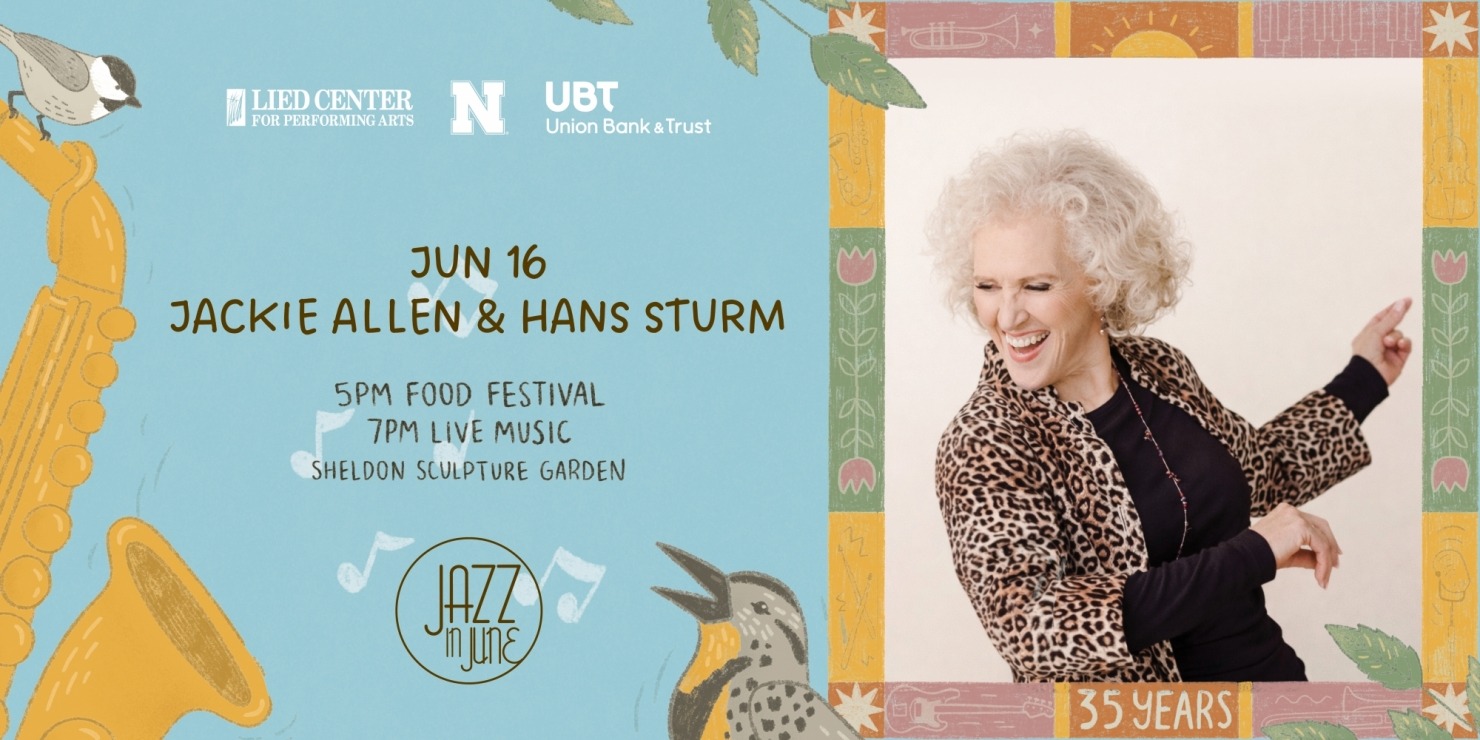the 2026 jazz in June meadowlark artwork mixed with a woman wth short curly blonde hair and a cheetah print jacket smiling
