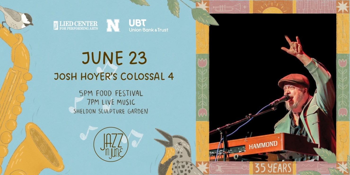 the 2026 jazz in June meadowlark art mixed with a man in a green jacket and hat plays the keyboard