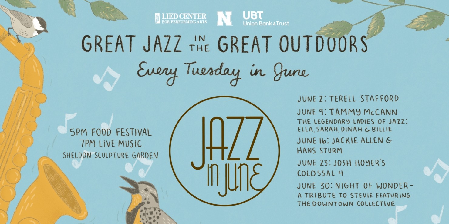 the 2026 jazz in June meadowlark art with a saxophone and green foliage