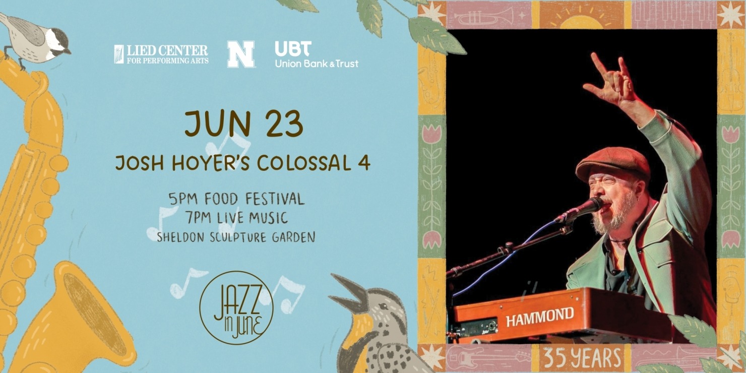 the 2026 jazz in June meadowlark art mixed with a man in a green jacket and hat plays the keyboard