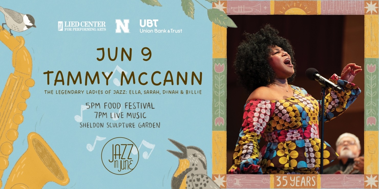 the jazz in June 2026 meadowlark artwork mixed with a photo of a woman in a colorful dress singing