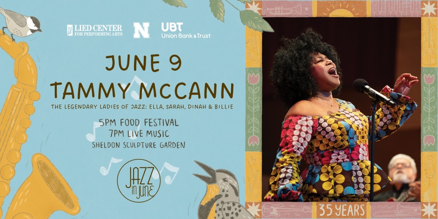 the jazz in June 2026 meadowlark artwork mixed with a photo of a woman in a colorful dress singing