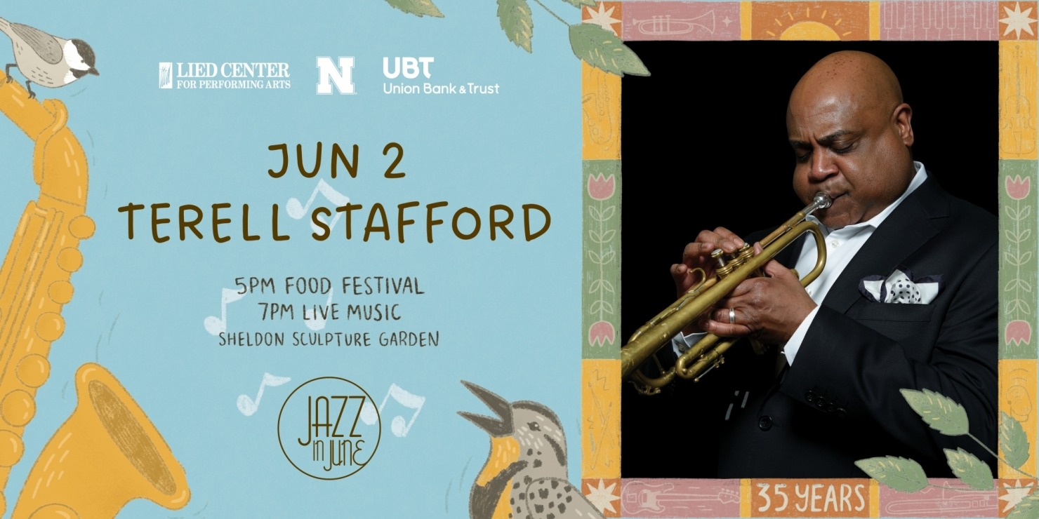 jazz in June 2026 meadowlark artwork mixed with a photo of Terrell Stafford playing the trumpet