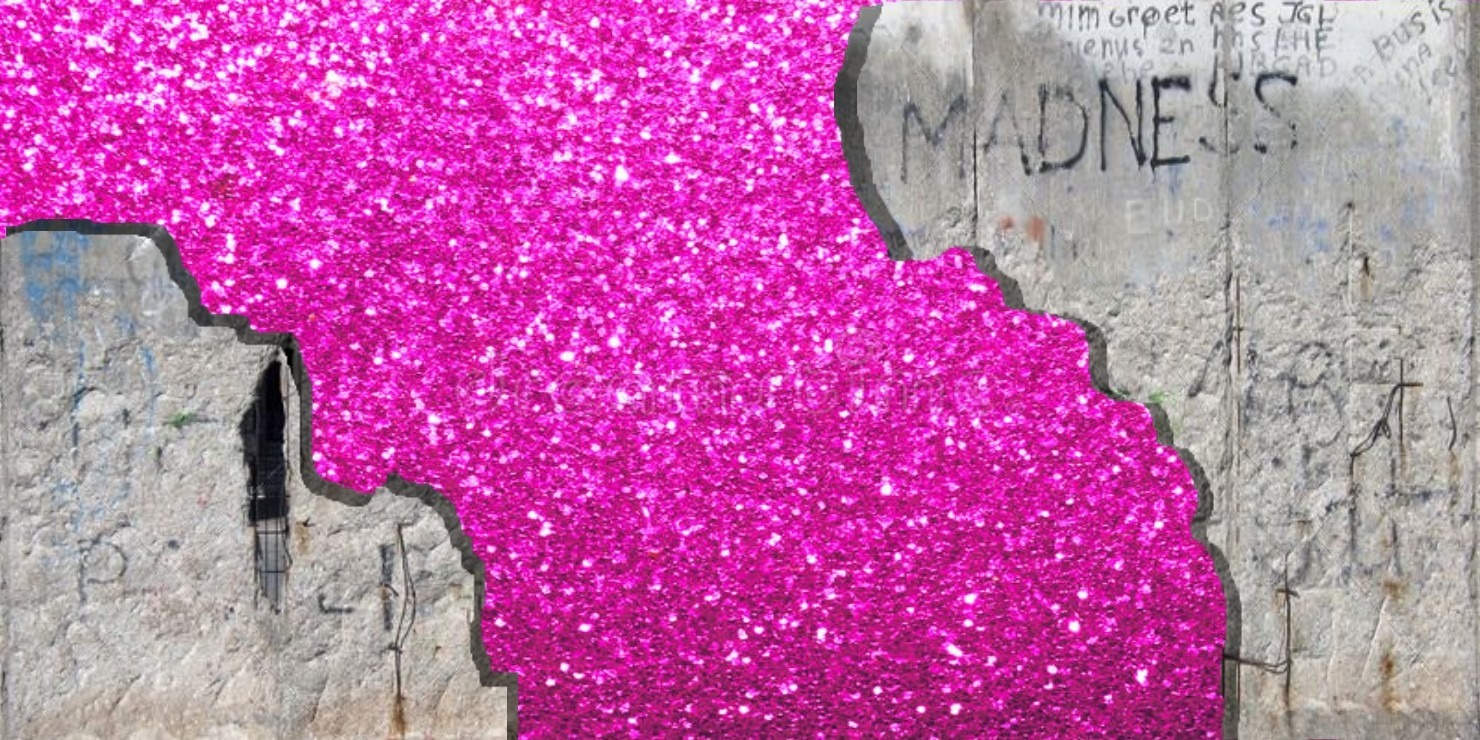 Bright pink abstract art against a grey background.