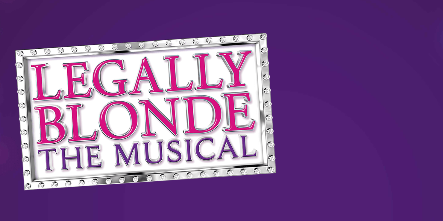 Graphic of frame with sparkling lights. Title in frame says "Legally Blonde The Musical" in pink and purple letters with silver outline. Background of letters is white and background behind the frame is purple.