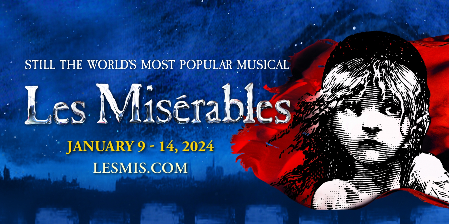 Image that says Les Miserables on the top and a image of a girl with a red and blue background.
