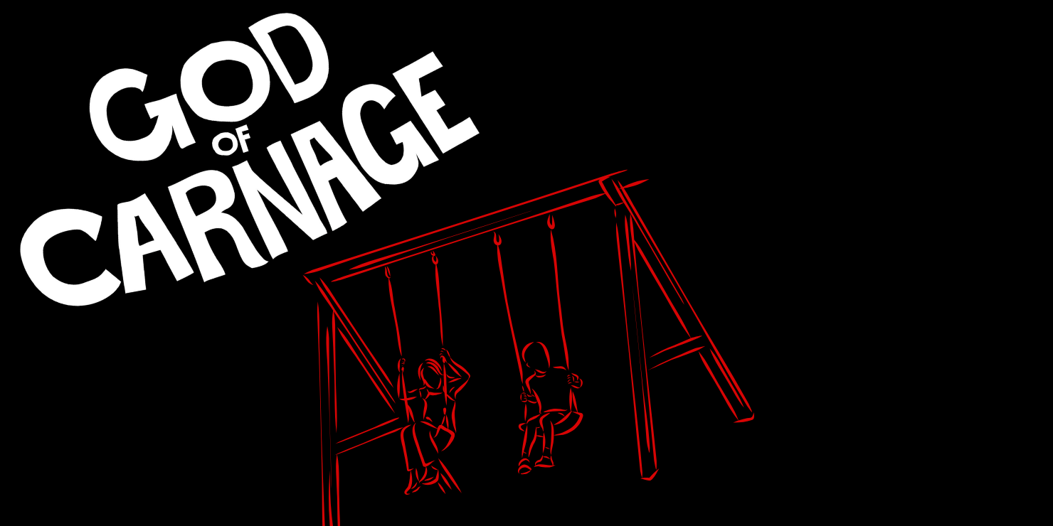 red silhouette of two children on a swing on a black background and white text "God of Carnage"