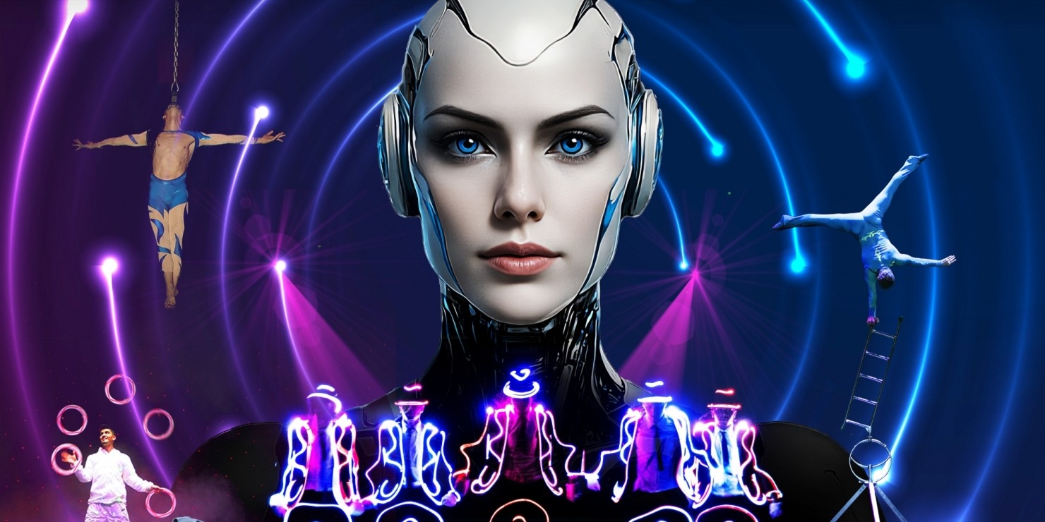 futuristic graphics that an all knowing bald head and include acrobats and jugglers