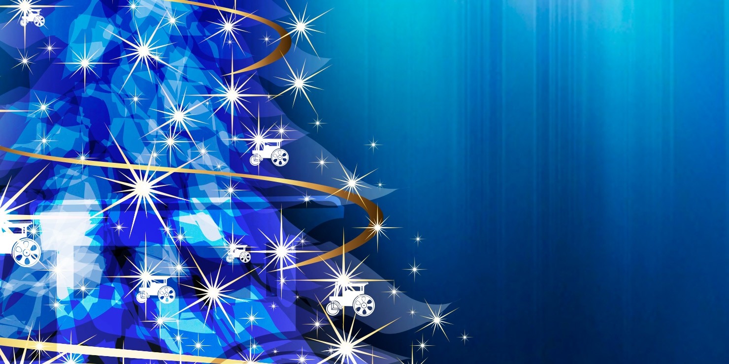 Image with Mannheim Steamroller CHRISTMAS BY CHIP DAVIS on the right with a blue Christmas tree with lights on the left.