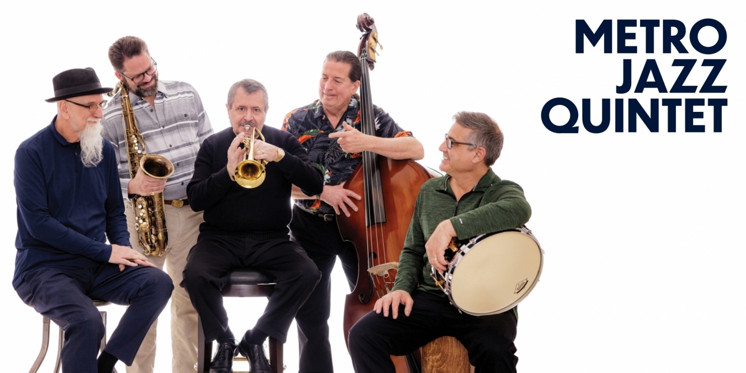 five men in suits pose together with their jazz ensemble instruments