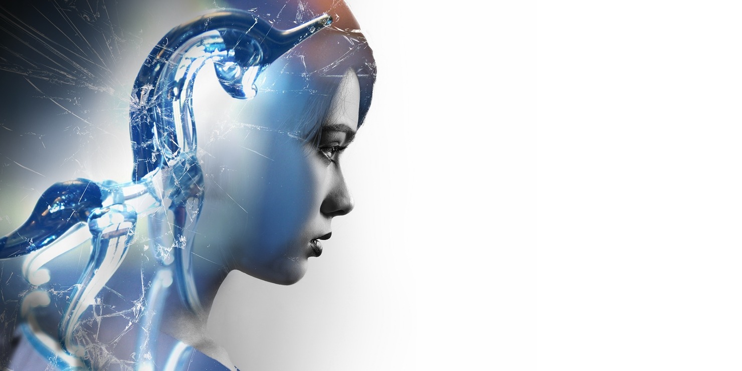 Black and white side profile of a woman with a glass statue in front of her in front of a black and white background.