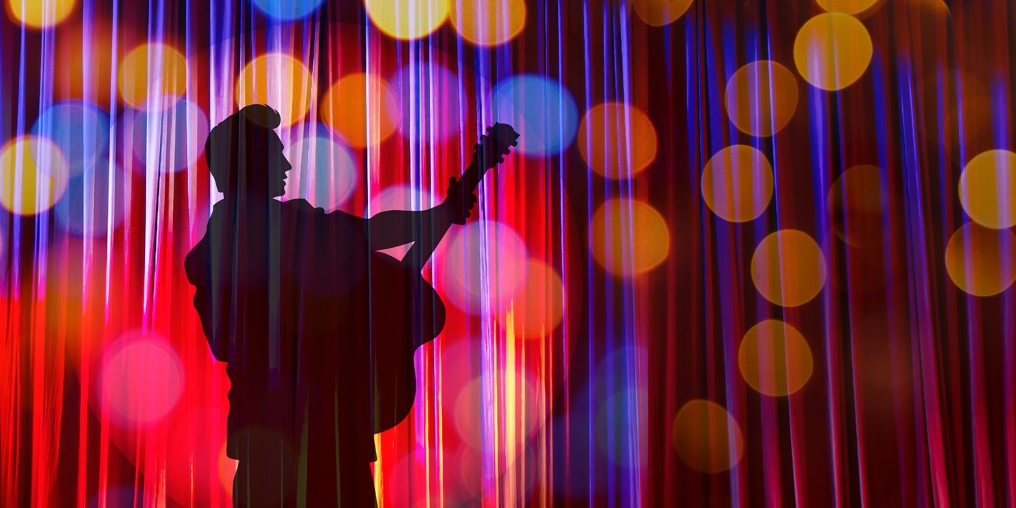 Black silhouette of Elvis in front of a pink, blue, and orange background