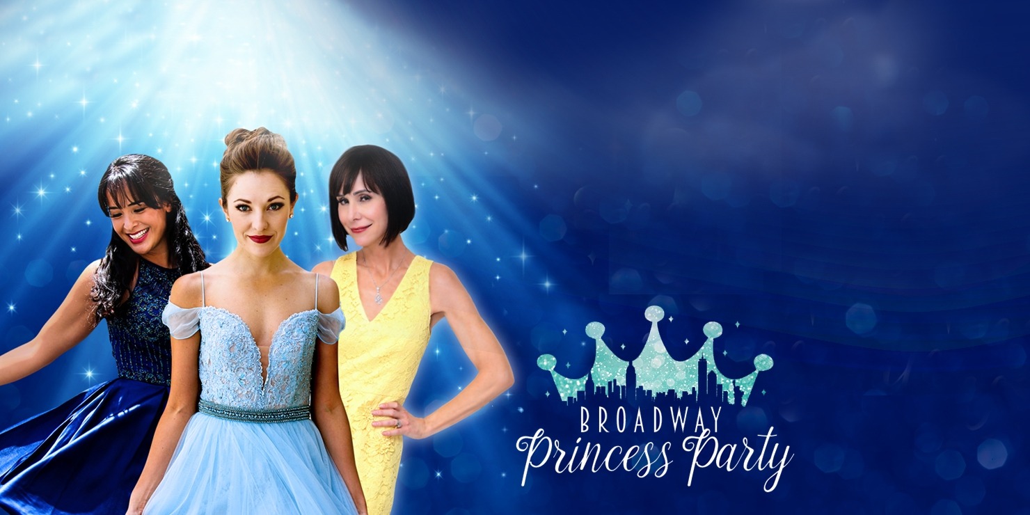 Courtney Reed, Laura Osnes, and Susan Egan in princess dresses in front of a blue background