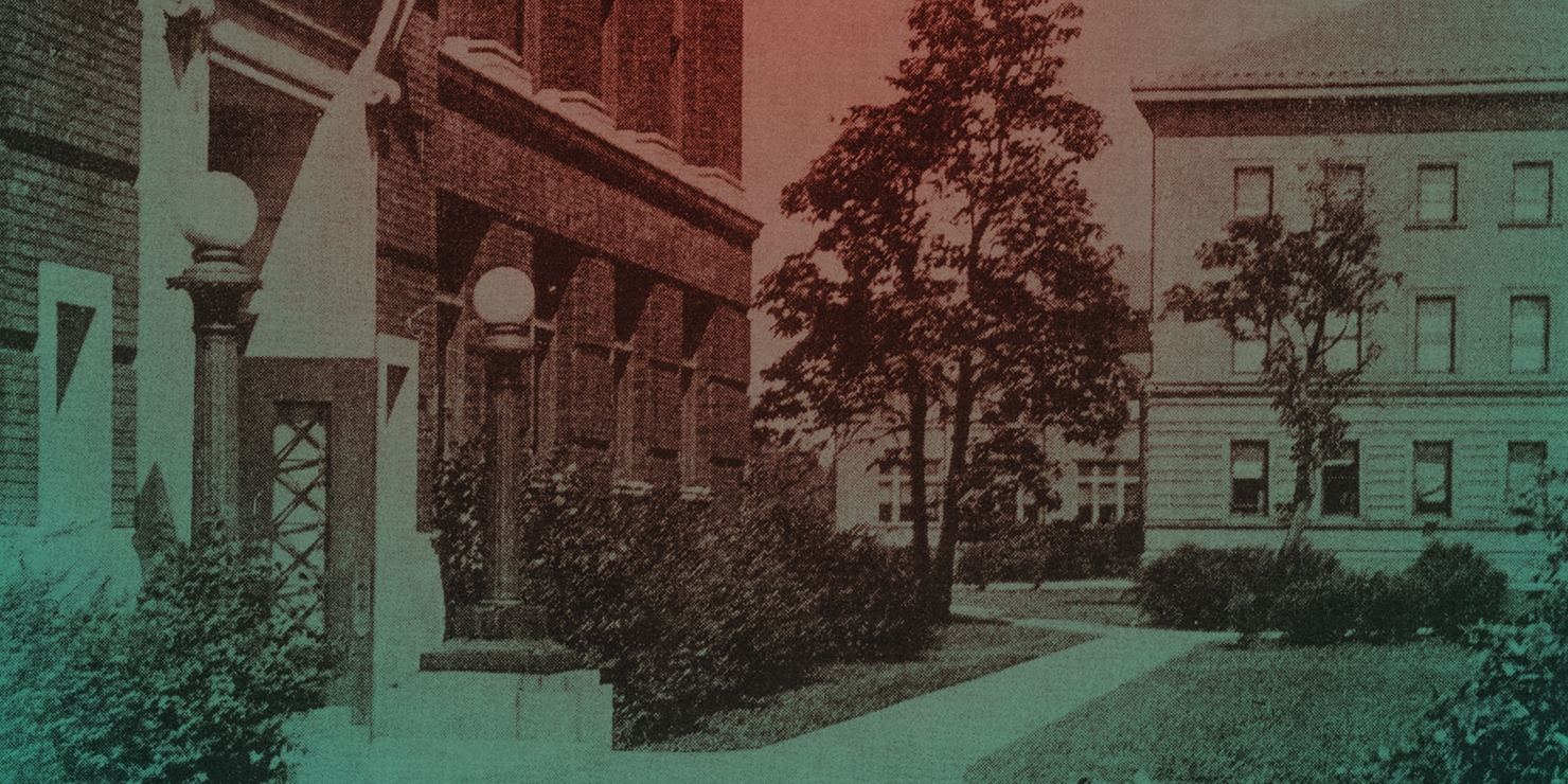 An old black and white photo of Brace Lab and the Furgeson Building from the University of Nebraska campus
