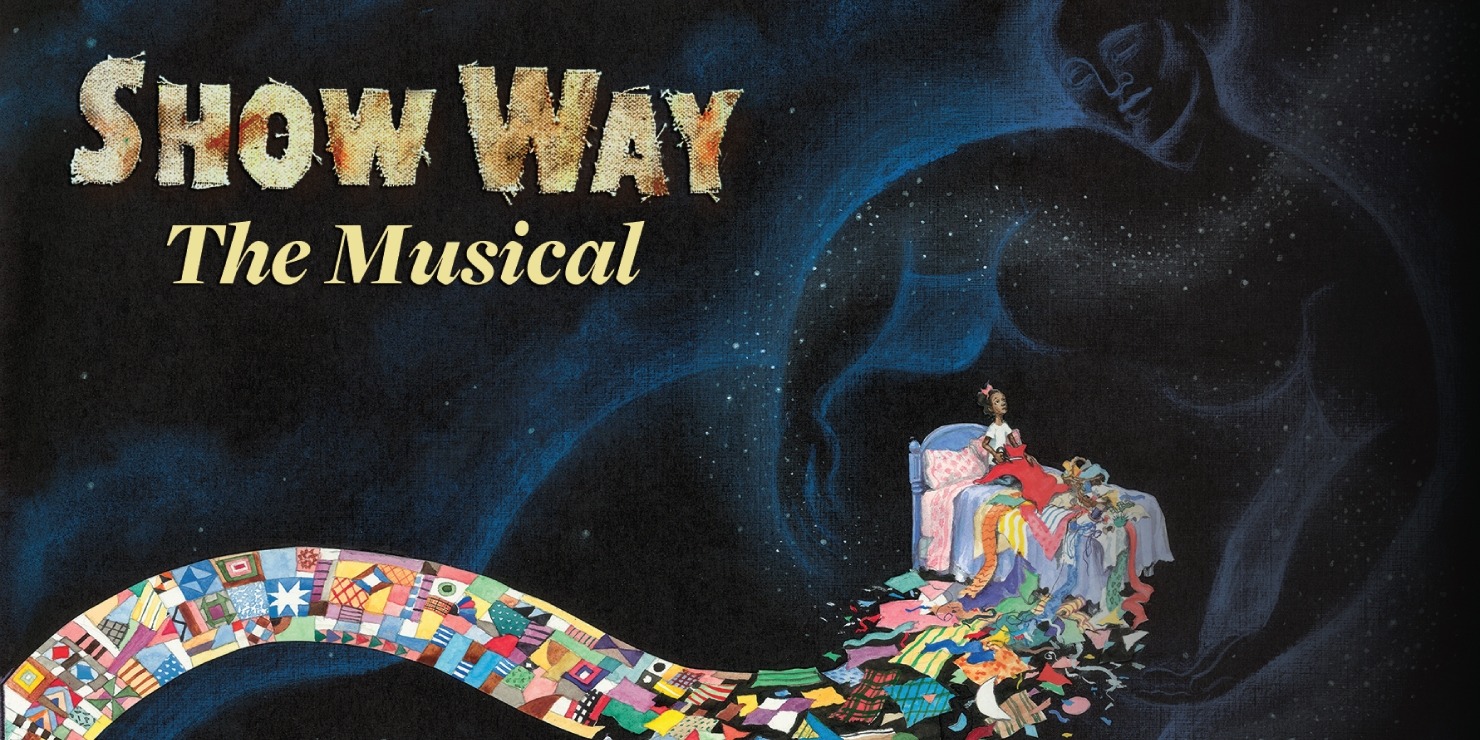 Pieces of different quilts are connects to make a bridge leading to a girl sitting on her bed looking up at a motherly figure in