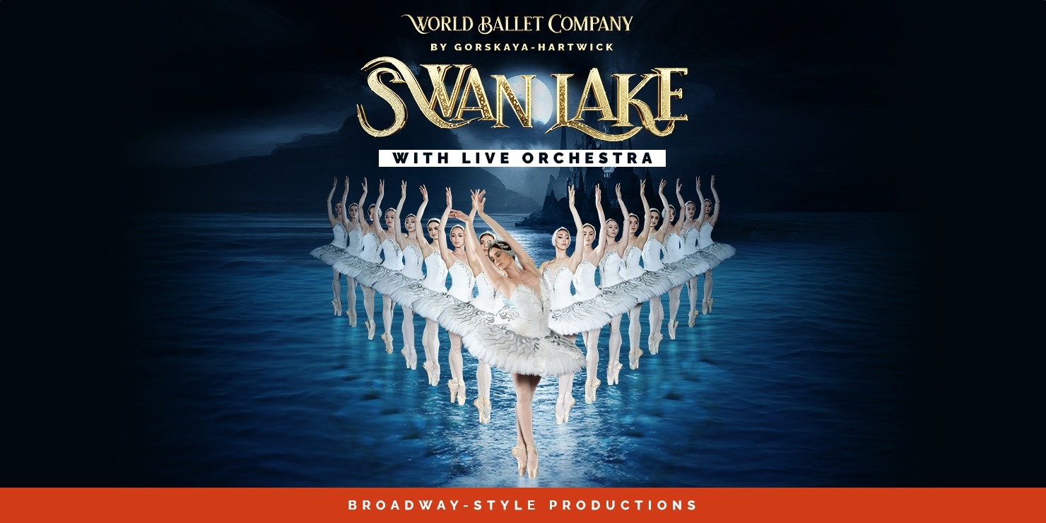 ballerinas depicted in a V formation in white tutus on a nighttime water background