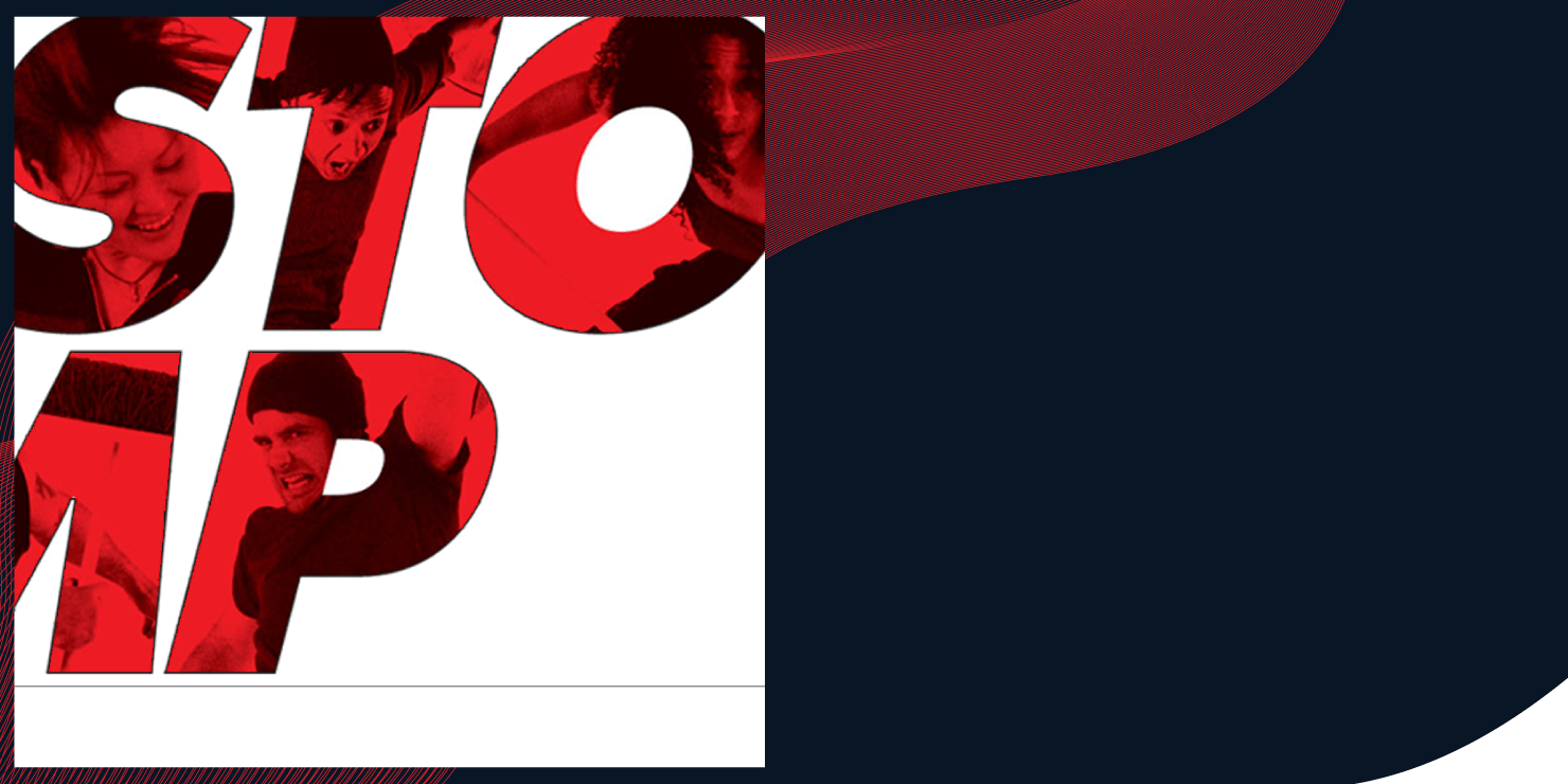 Big letters that spell "STOMP" across page. Inside each letter, there are pictures of people making exaggerated facial expressions. Each photo has a red filter on top.