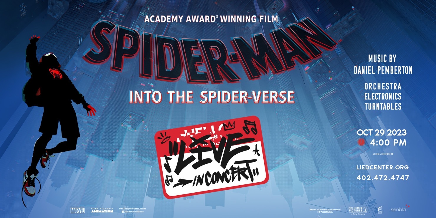 Image with Spiderman written across the top. Including an outline of a man on the side and a name tag in the middle saying "live in concert". All behind a blue background.