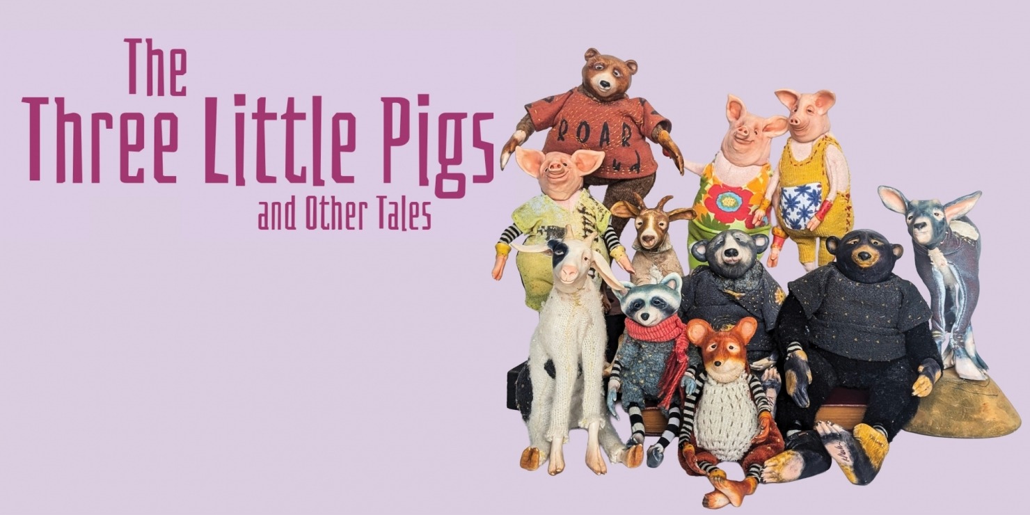 animal puppets against a lavender background with the text THE THREE LITTLE PIGS AND OTHER TALES