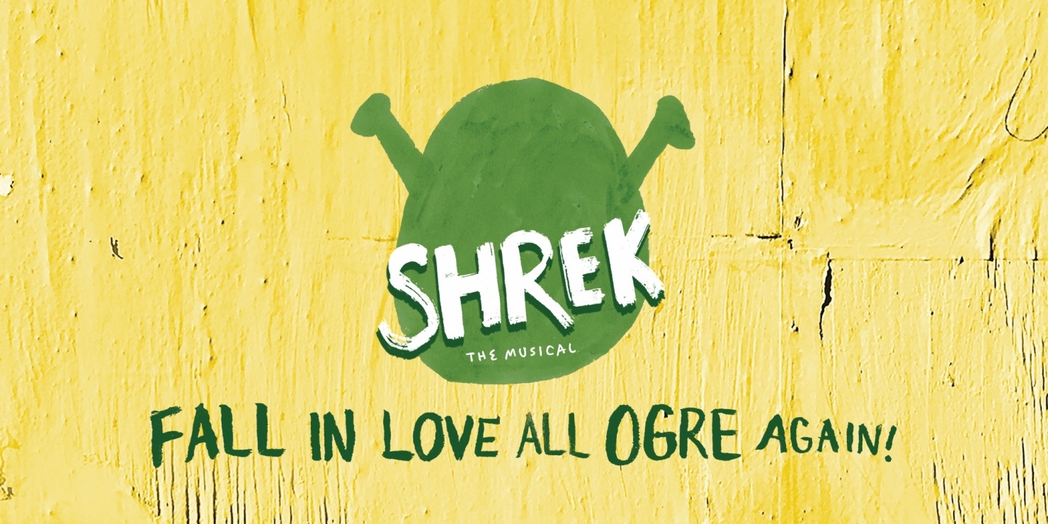 Image that says Shrek The Musical with an outline of an ogre head behind the words in front of a yellow background that says "Fa