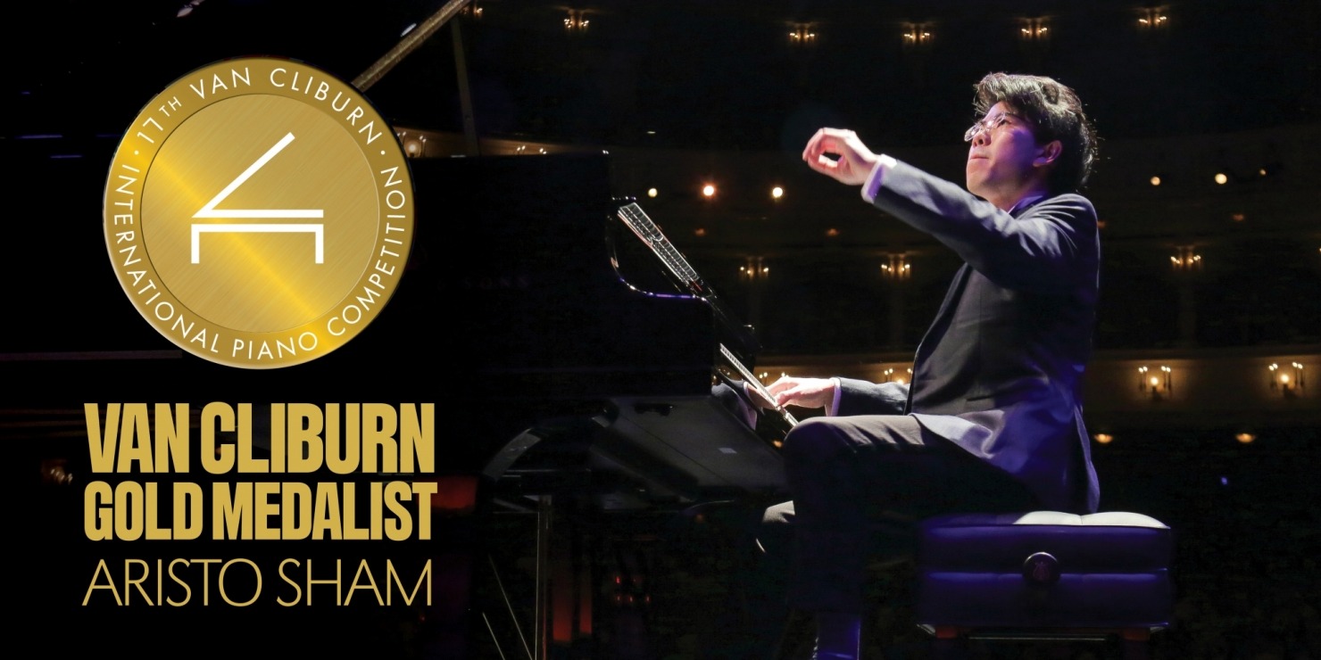 A pianist with glasses plays next to a gold van cliburn logo