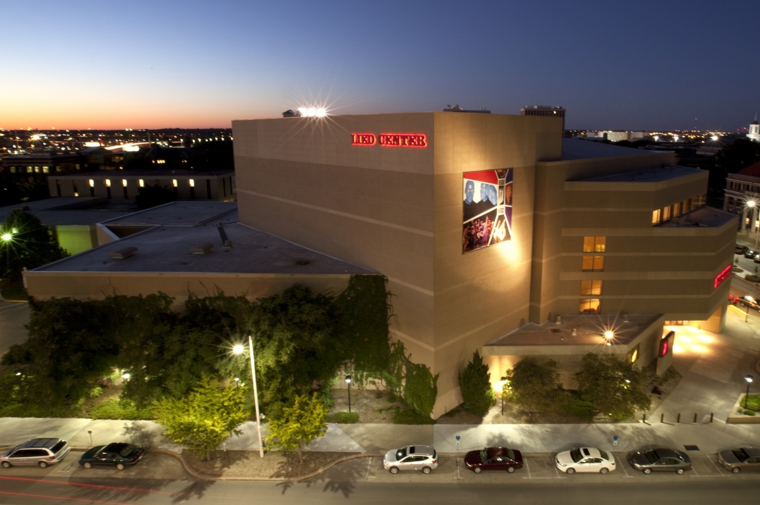 Timelapse photo of the Lied Center exterior at night.