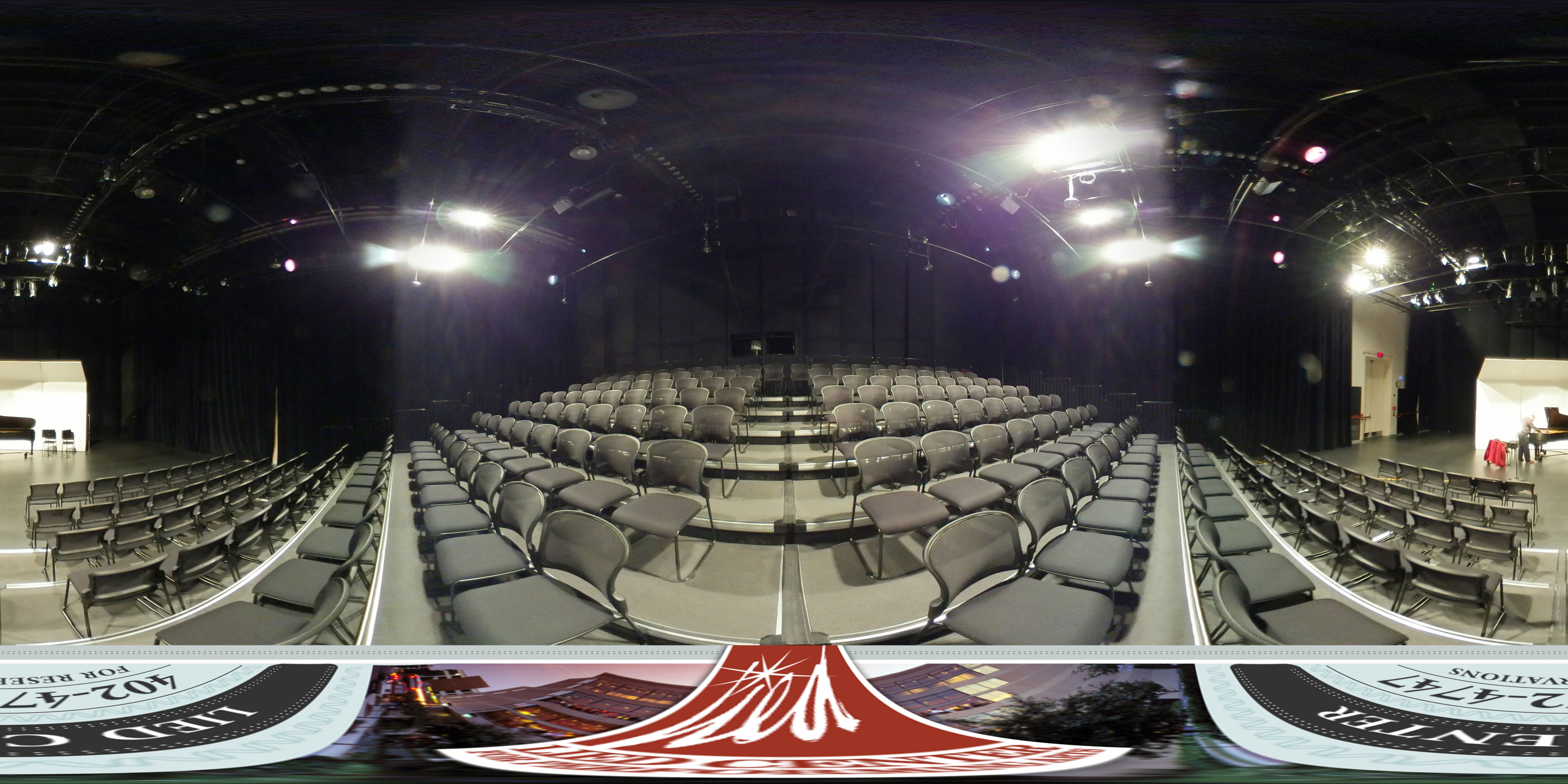 Virtual tour of the Lied Center Johnny Carson Theater taken from the risers showing a piano and small orchestra shell.