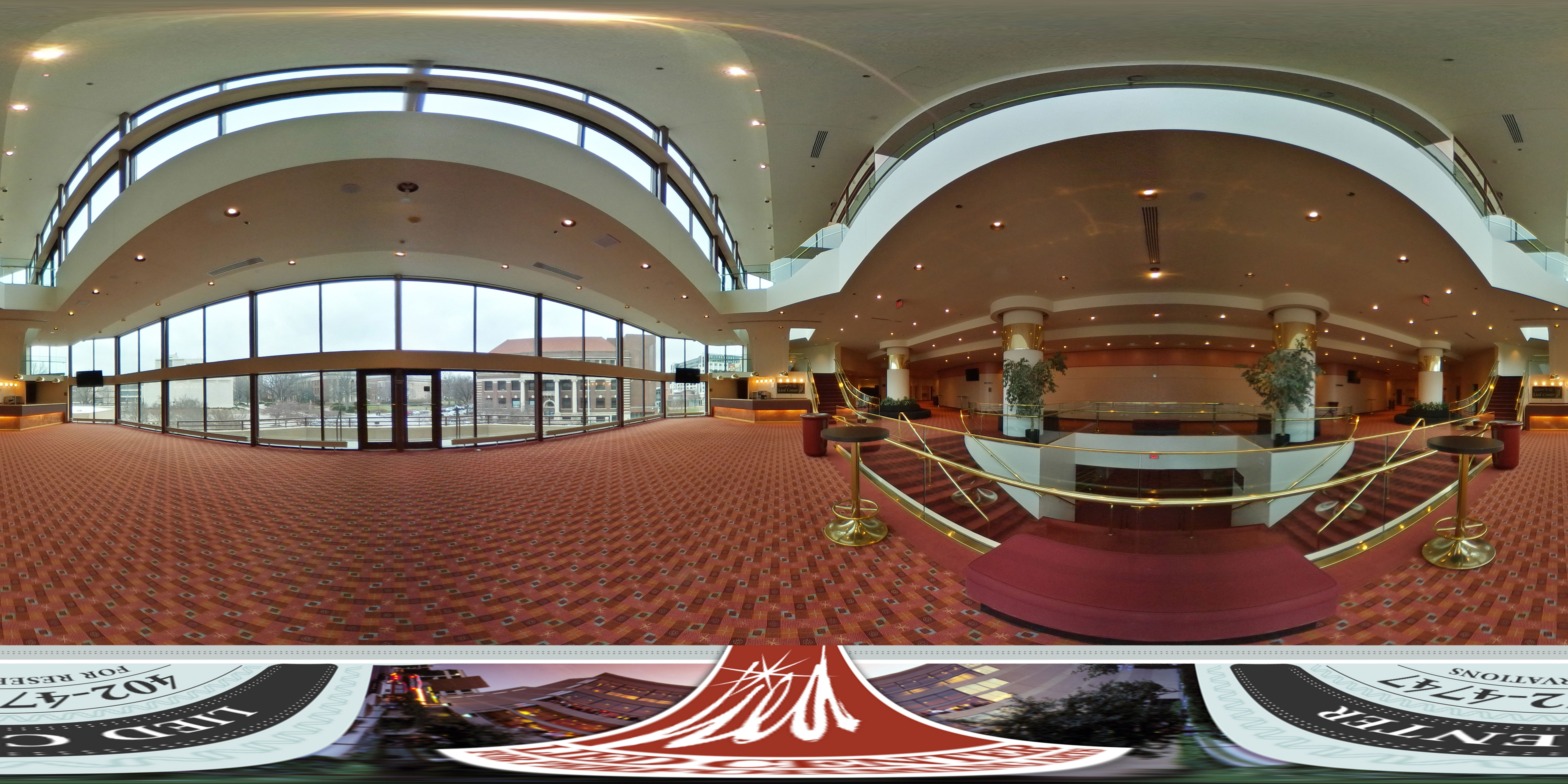 Virtual tour of the Lied Center Katherine Hendy Parker Lobby showing the wide open floor plan and beautiful view of the UNL campus. 