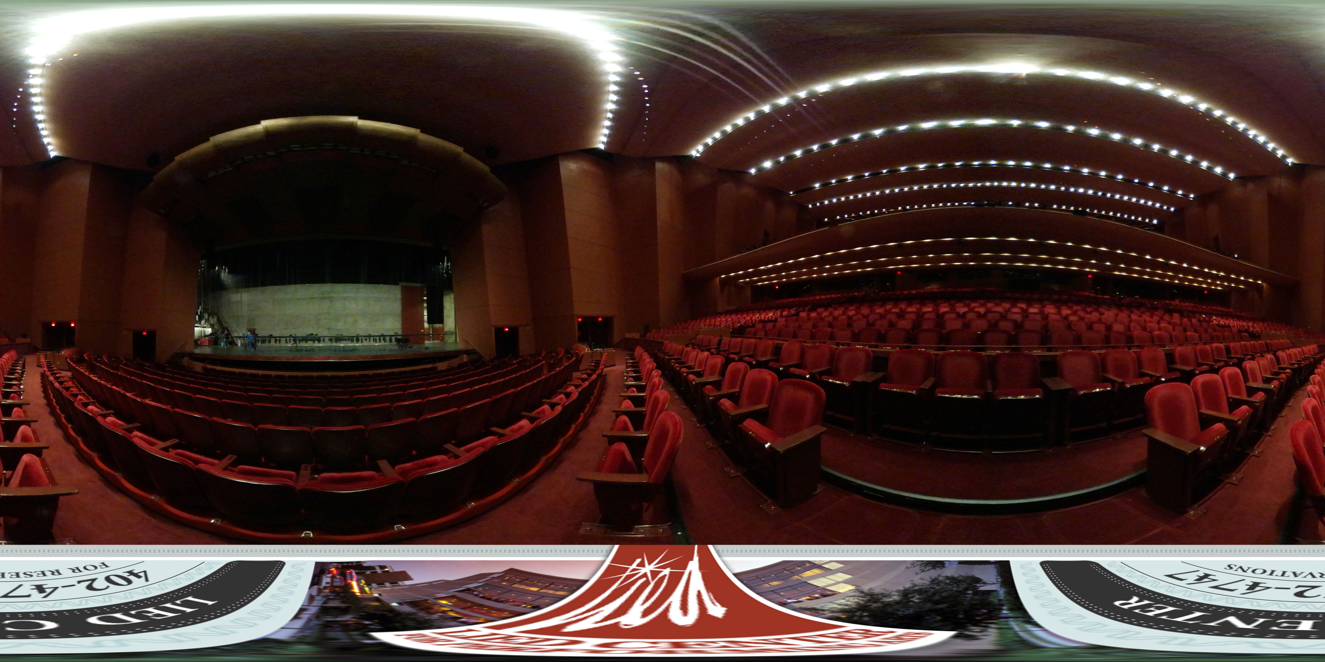 Virtual tour of the Lied Center main hall captured from Row M showing the empty auditorium and stage